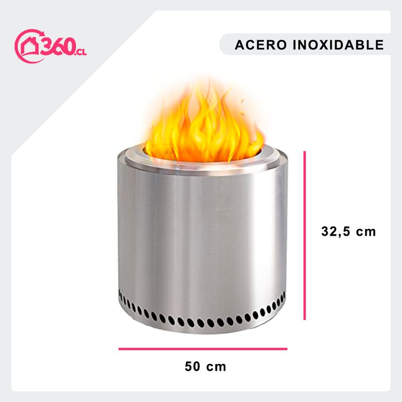 Hogar360.cl - Fogón Brasero Doble Cámara Sin Humo de Acero Inoxidable. Disfruta una fogata perfecta sin humo.